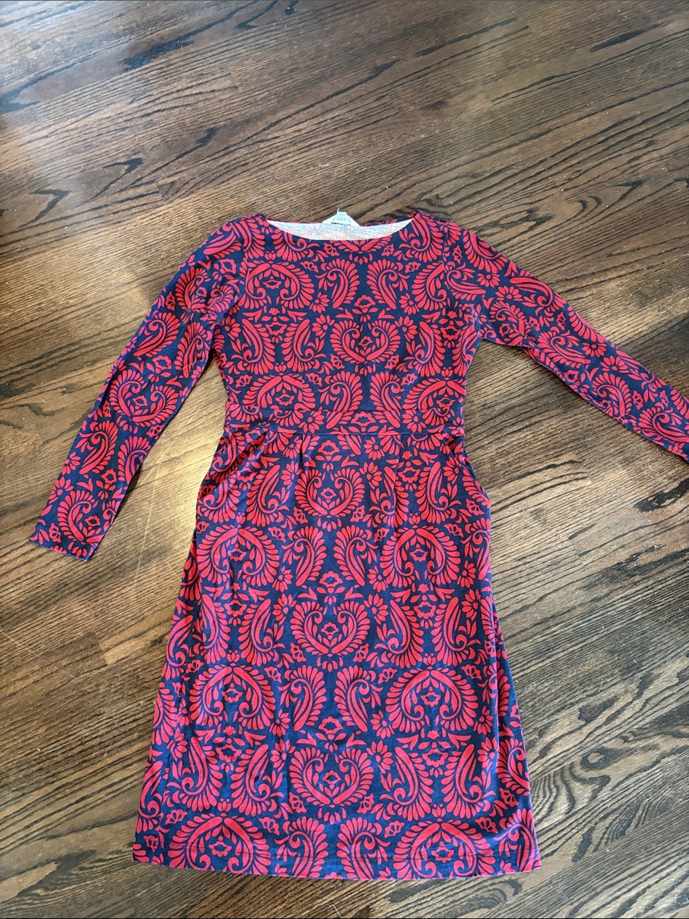 Boden Red & Navy Long Sleeve Patterned Dress